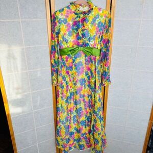 VTG 1970s Groovy‎ Mod Floral Gown Sheer Chiffon Ruffle Green Bow Sz 11 Retro
